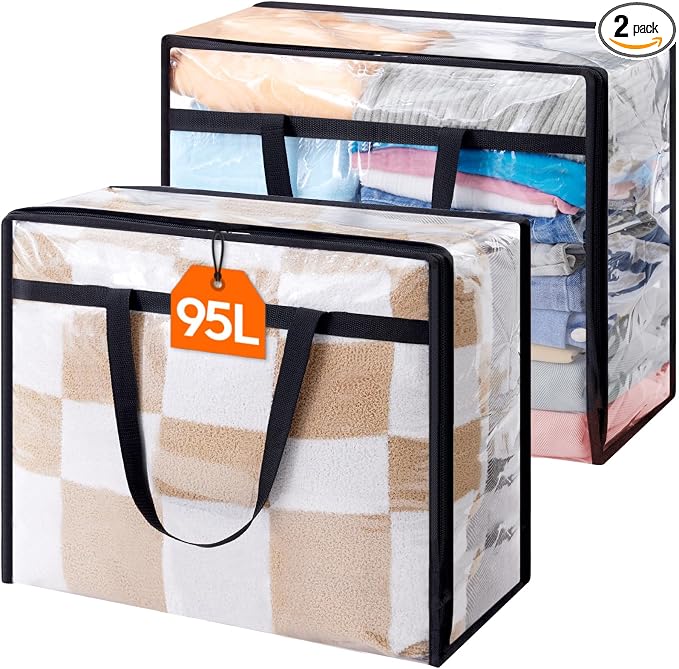 Lifewit 2 Pack Clear Clothes Storage Bags, 95L Plastic Blanket Storage Bag, Vinyl Foldable Moving Bags with Zipper, Closet Organizers and Storage Containers for Bedding, Duvet, Comforter