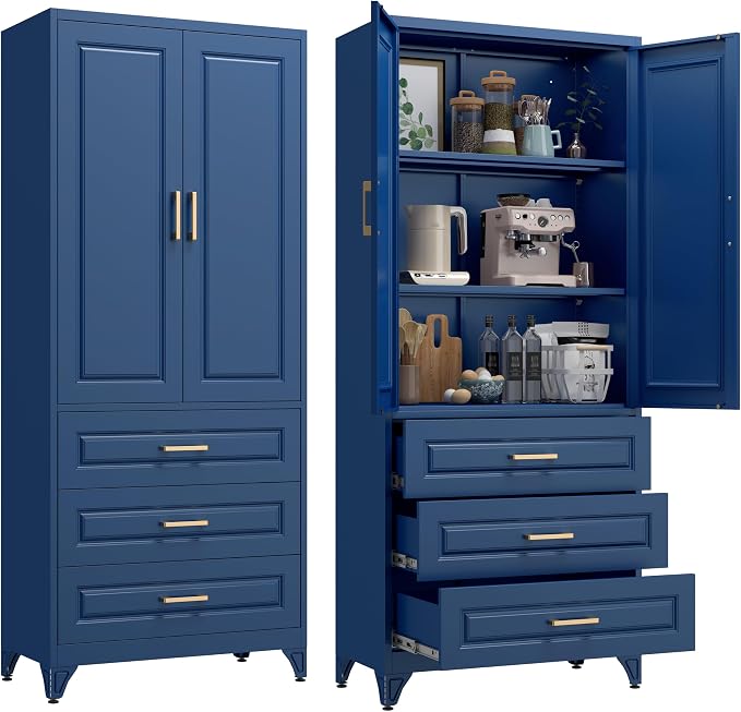 75" Metal Pantry Storage Cabinet with 3 Drawers, Blue | Sturdy SPCC Steel, Gold Handles, Adjustable Shelves,Anti-Tipping Kit, Leveling Feet, Easy Assembly for Kitchen Pantry