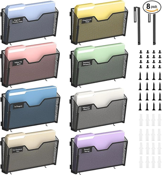 Wall File Organizer, 8 Pack Metal Wall File Holders, Black | Wall organizer with mesh pockets, label panels and hook or screw mounting for A4 and letter files at home, office or school