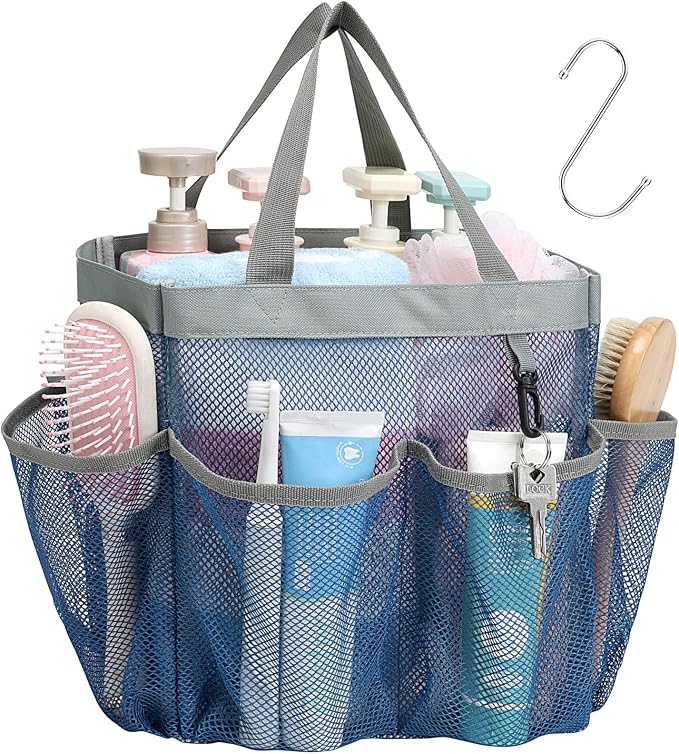 Mesh Shower Caddy Portable - 8 Pockets, S-Hook, Shower Bag for Dorm Camping | 2-Handle, Quick-Dry, Hanging Toiletry Organizer, College Dorm Room Essentials for Girls, Gym, Travel & Bathroom, Navy Blue