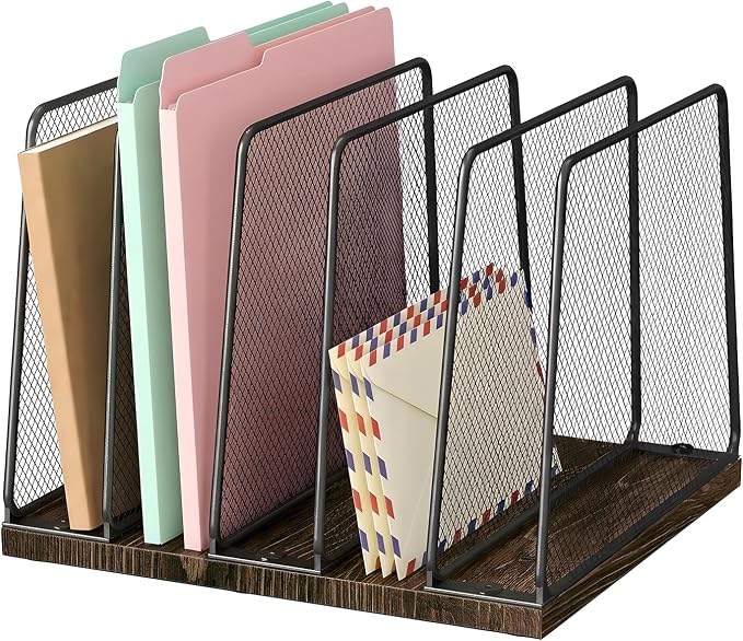 LEKETREE Desk File Organizer, 5-Section Upright File Sorter, Vertical File Folder Holder, Mesh Metal Wood Office Desktop Organization for Document, Magazine, Books and more (Wood and Black)