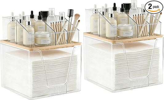 SPOSPO 2 in 1 Disposable Facial Towel Holder and Cosmetic Organizer | Clear Storage with Bamboo Lid Compatible with Clean Skin Club Towel XL, Vanity Organizer for Bathroom Vanity Counter (2 Pack)