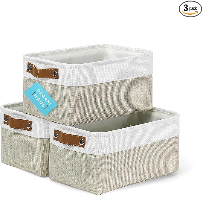OrganiHaus 12x8in Canvas Storage Baskets, 3 Pack - Fabric Bins for Shelves | Vegan leather handles; a decorative pantry and office organizer, container for desk and books
