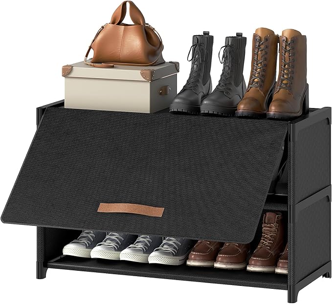 3 Tier Shoe Cabinet with Door, 12-Pair Storage, Black | Compact for small closets. Holds heels, sneakers, boots. Door for dust/pet protection. Quick easy setup.