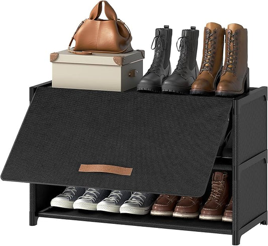 3 Tier Shoe Cabinet with Door, 12-Pair Storage, Black | Compact for small closets. Holds heels, sneakers, boots. Door for dust/pet protection. Quick easy setup.