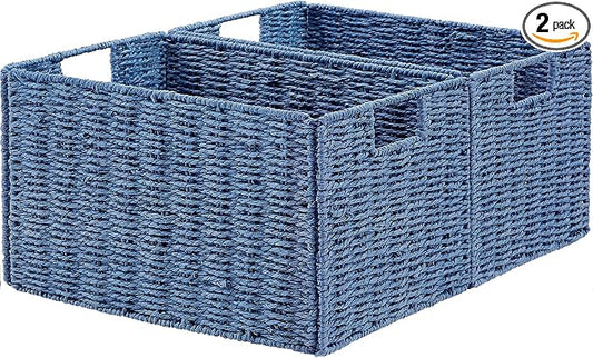 Vagusicc Wicker Storage Basket, Set of 2 Hand-Woven Paper Rope Wicker Basket, Small Storage Baskets for Organizing Toilet Paper Basket, Foldable Large Cube Storage Organizer Bins for Shelves (Blue)