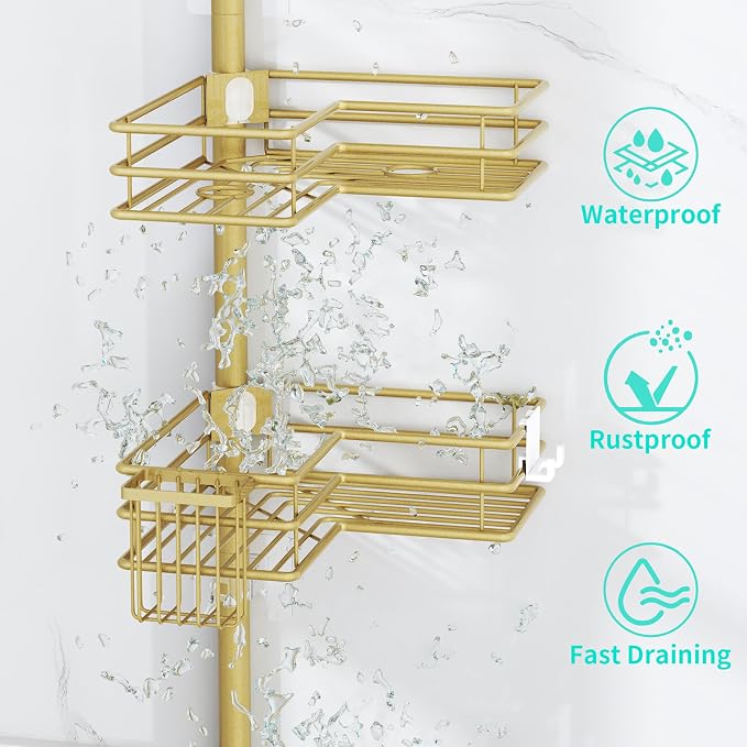 HapiRm Corner Shower Caddy Shelves - Shower Rack with Toothbrush Holder | Shower Organizer with Soap Holder and 4 Hooks,Rustproof Bathroom Storage Tension Pole Available for 27.6 to 108.3 Inch - Gold