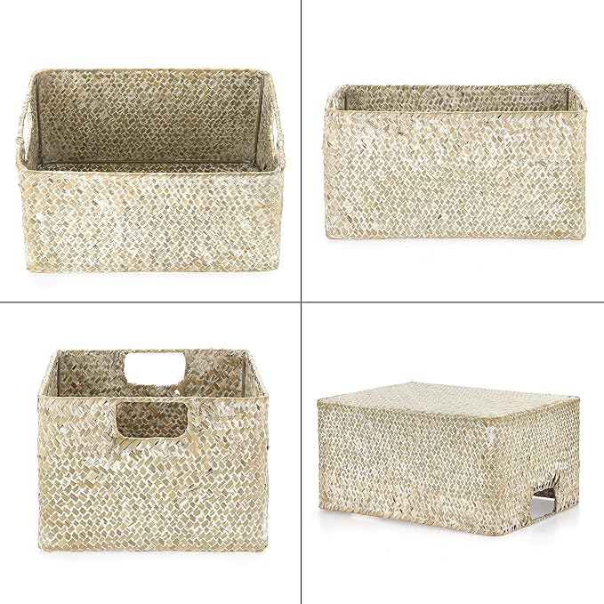 Hipiwe Seagrass Storage Basket Bin Rectangular Handwoven Wicker Storage Box with Handle Opened Baskets for Shelf Organizing Closet Bathroom, 13.3 x 9.8 x 6.7 Inch