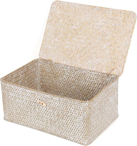 FEIALNDUO Wicker Shelf Baskets with Lid,Seagrass Storage Basket Bins Rectangular Handwoven Basket Boxes for Shelves Desktop Home Organizer (Whitewash, Large)