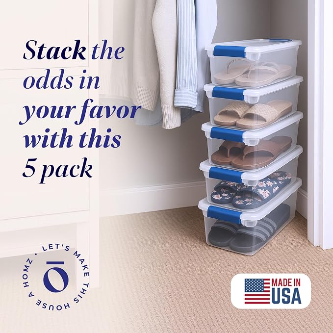 HOMZ 7.5 Quart Clear Plastic Stackable Storage Container Tote with Secure Latching Lid for Home and Office Organization, 5 Pack