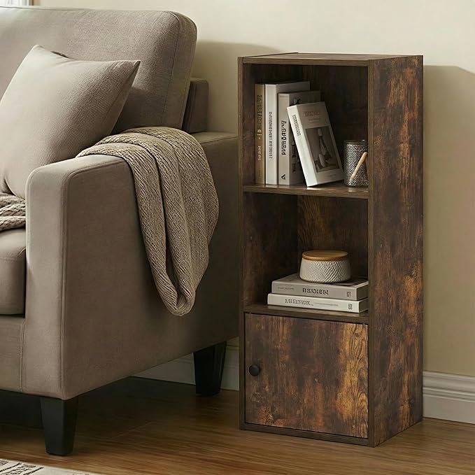 Furinno LUDER Book Shelf, 3-Tier Bookshelf with Open Shelf, Standing Bookcase with 1 Door Cabinet, 9.3 x 12 x 31.5, for Organization and Storage, for Living Room, Bedroom, Home Office, Amber Pine