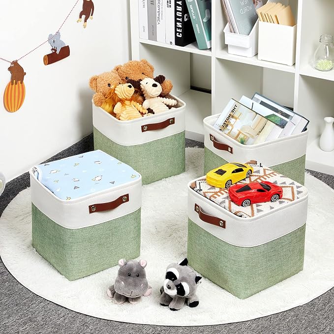 DULLEMELO Storage Baskets for Organizing, Fabric Storage Cubes for Box, 11 Inch Decorative Cube Storage Bins with handle for Gift Basket(4 Pack - 11" White&Green)