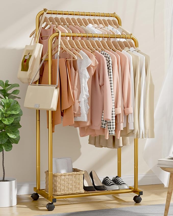Sakugi Clothes Rack - Clothing Rack with Storage Mesh Shelf & Casters, Heavy-Duty Metal Clothing Rack for Hanging Clothes, Dresses, Coats, Large Load Capacity, Easy Assembly, Gold, 28.0"x16.0"x59.0"