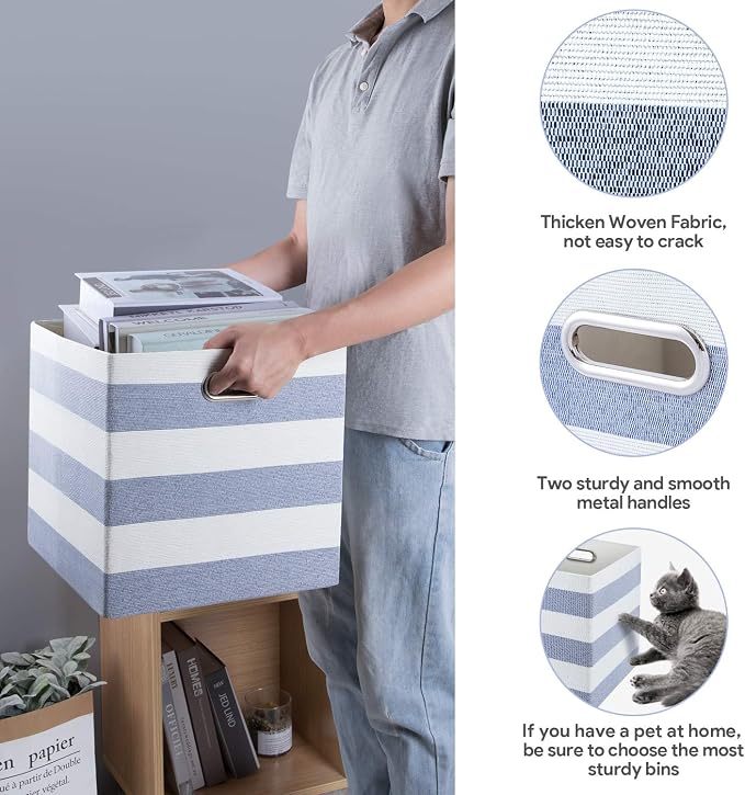 Posprica Storage Basket Bins,11×11 Collapsible Storage Cubes Fabric Drawers for Nurseries,Offices,Closets,Home Décor (Set of 4, Blue-white Striped)