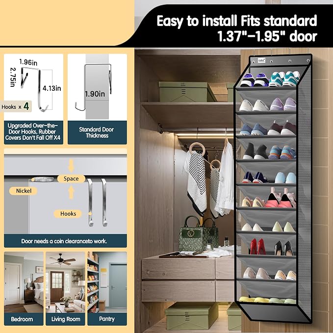Kotkn 10 Tier Over The Door Organizer - Heavy Duty Hanging Storage Rack with Sturdy Oxford Fabric, Holds 20+ Pairs of Footwear, Boots & Sneakers, Saves 50% Closet Space (Gray)