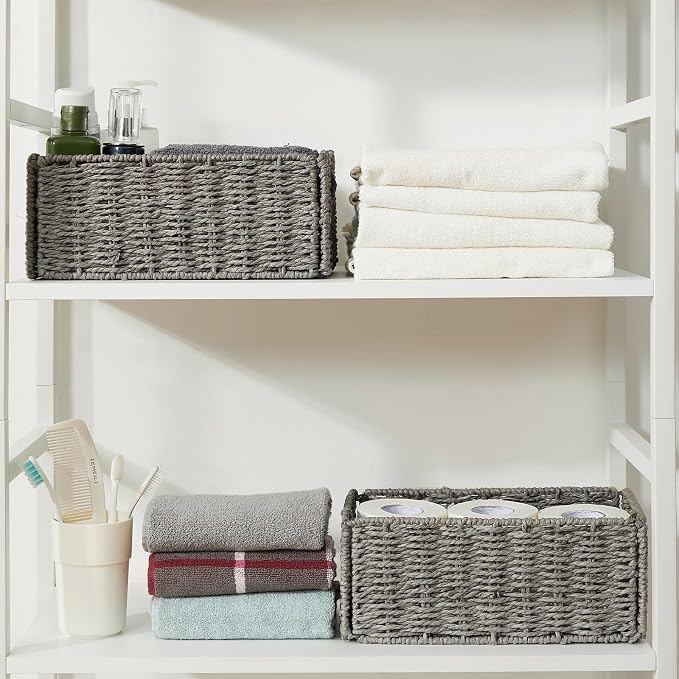 Vagusicc Wicker Storage Basket, Set of 2 Hand-Woven Paper Rope Wicker Basket, Small Storage Baskets for Organizing Toilet Paper, Foldable Large Cube Storage Organizer Bins for Shelves (Grey)