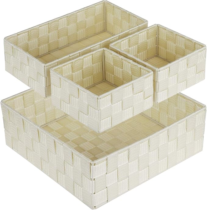 Posprica Woven Storage Baskets for Organizing, Small Black Baskets Cube Bin Container Tote Organizer Divider for Drawer, Closet, Shelf, Dresser, Set of 4(Beige)
