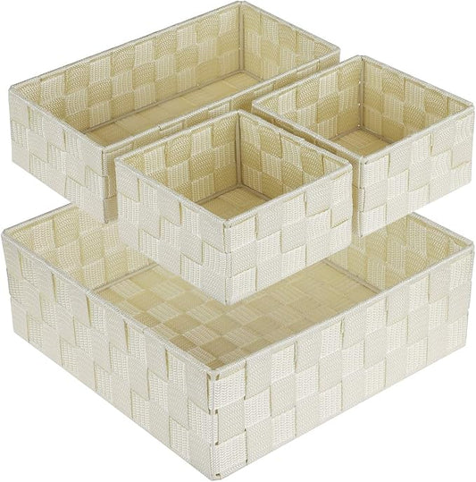 Posprica Woven Storage Baskets for Organizing, Small Black Baskets Cube Bin Container Tote Organizer Divider for Drawer, Closet, Shelf, Dresser, Set of 4(Beige)
