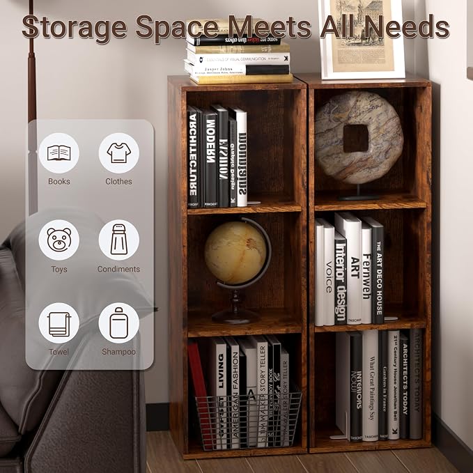 Cube Storage Organizer, 3 Cube Retro Bookshelf, Freestanding 3 Tier Open Shelf, Rustic Brown Retro Shelves for Home Office, Bedroom, Living Room, Study