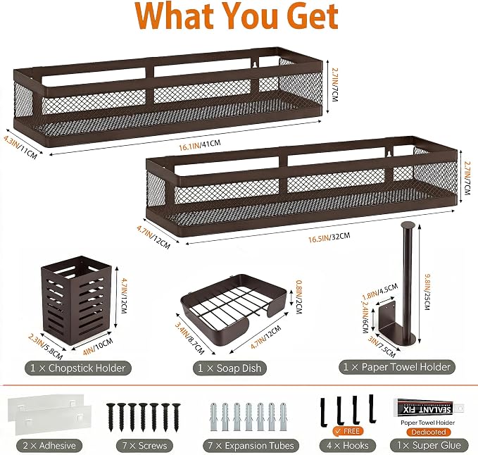 PUSDON 5-in-1 16.5" Extra Long Slim Wall Mount Wrapped Mesh Kitchen Organizer & Shower Caddy Kit, with Paper Towel Holder, Utensil Holder, Soap Dish, Holds 50LBS - Vintage Bronze, Netting