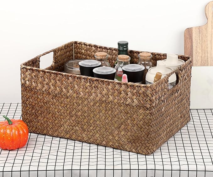 Hipiwe Seagrass Storage Baskets Bin for Shelf, X-Large Woven Wicker Basket | Rectangular Bathroom Baskets Organizer Built-in Handles, Multipurpose Storage Basket Bin, 16.1"L x11.8"W x7.7"H