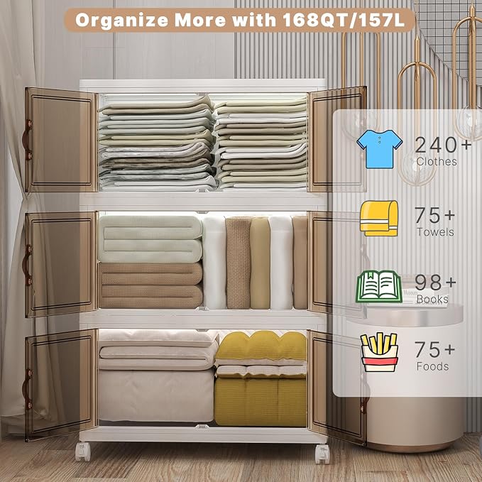Stackable Storage Bins with Lids, 504QT Closet Organizers and Storage Cabinet with Doors & Wheels, Lockable Plastic Foldable Drawers for Bedroom Dorm Office Garage（168QT*3,White）
