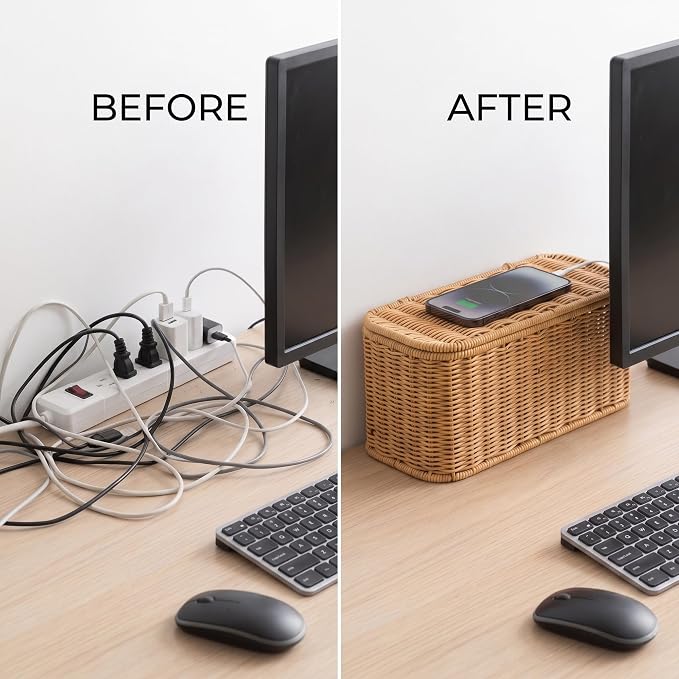 Rattan Cable Management Box, Cord Organizer to Hide Cords & Power Strip | Metal framed handwoven rattan, ventilated to dissipate heat. Octagonal design & dual rear cable slots, boho home office decor