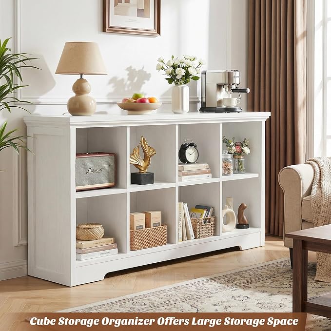 Aheaplus Wooden 8-Cube Storage Organizer with Charging Ports, Modern Cube Bookcase with Base, 3-Tier Floor Standing Open Cubbies Bookshelf, Cubicle Display Shelf for Home and Office, White