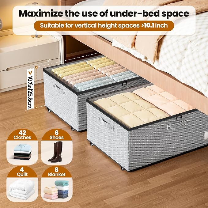 Dayacoco Under Bed Storage With Wheels,10in Underbed Storage Containers 65L | Large Capacity Underbed Storage, No Assembly Required Rolling Under Bed Storage for Clothes Blankets Shoes Grey