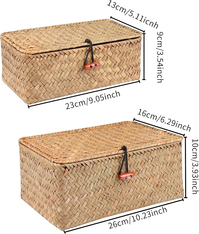 Moosky Wicker Shelf Baskets with Lid,Handwoven Seagrass Basket for Storage Basket Bins Rectangular Home Organizer Gift Boxes (Natural Set of 2)