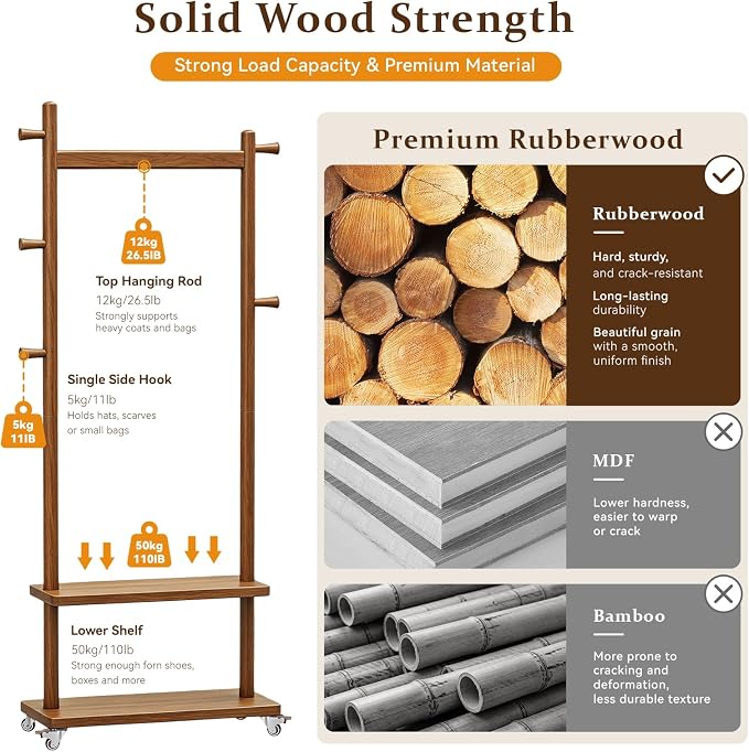 Taitiy Coat Rack Freestanding Solid Wood with Wheels 2 Shelves 5 Hooks | 100% solid rubberwood,hidden 360° silent wheels,2 tier shelves,5 hooks,small clothing rack,entryway bedroom living room