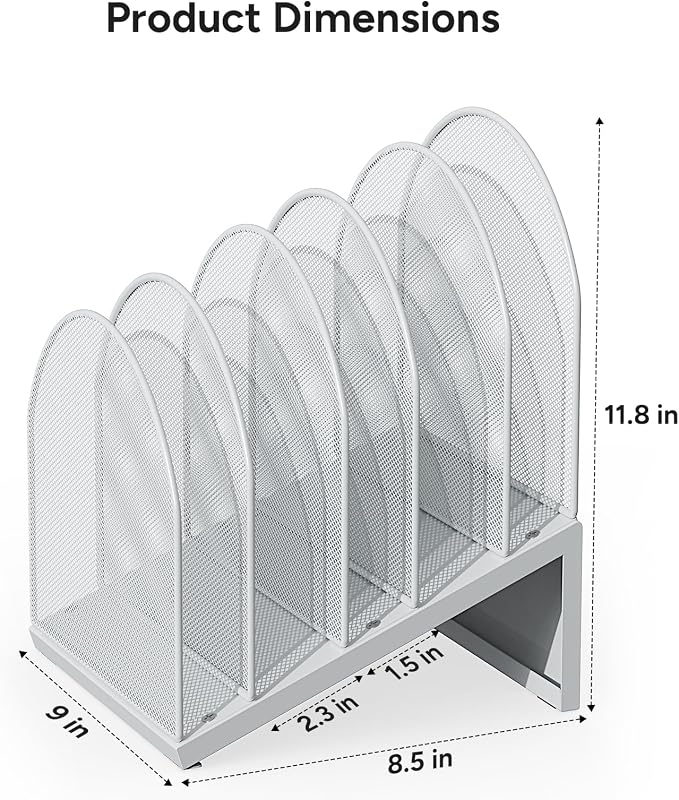 5-Section Desk File Organizer | Metal Mesh Folder Organizer for Documents, Mail & Office Papers (White)