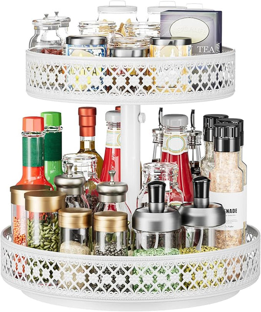 2 Tier Lazy Susan Organizer - Adjustable Rotating Spice Rack 12 inch | Floral Turntable Lazy Susan for Cabinet Pantry Kitchen Countertop Table Top Cupboard Bathroom Vanity Storage Metal White