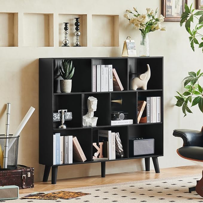 LEYAOYAO 8 Cube Bookshelf, Mid-Century Modern Book Shelf with Legs, Black | 3 Tier Bookcase, Rustic Wood Bookshelves Freestanding Large Storage Organizer, Open Shelves for Bedroom, Living Room, Office
