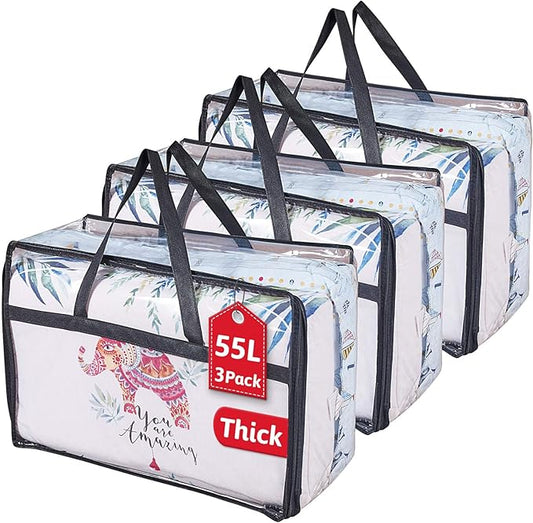 Clear Clothes Storage Bag Organizer with Reinforced Handle, Vinyl Storage Bags for Comforter, Blanket, Bedding, Toys, Transparent Moving Totes with Sturdy Dual Zippers, 3 Pack, 55 L, Black