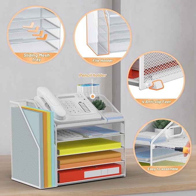 DocNest 5 Tier Metal Mesh Desk File Organizer with Phone Shelf, White | Desktop letter tray sorter features a 9.1x9.1 inch top phone holder, built-in sticky note compartment and pen holder