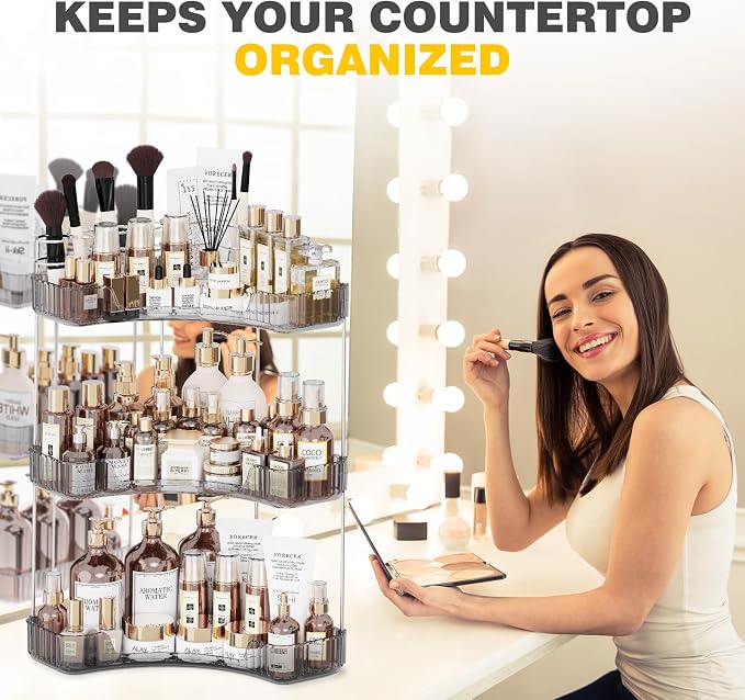 Asayuee 3-Tier Corner Bathroom Counter Organizer with Top Toothbrush Holders,Large Makeup Organizer Countertop with Brush Holder,Skincare Organizers Corner,Exquisite Vanity Organizer (Gray, 3 Tier)