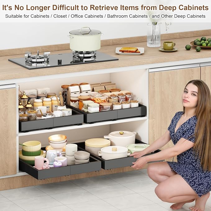 Pull out Cabinet Organizer,Width (14"-21") and Depth (17"-24") Expandable With 3 Rails,No Drill Adjustable Slide out Drawers for Kitchen,Pantry,Adhesive Roll out Shelves,for Cabinets Without Lip,Black