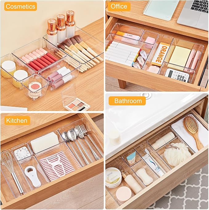SMARTAKE 13-Piece Drawer Organizers with Non-Slip Silicone Pads, 5-Size | Clear Desk Bathroom Drawer Organizer Trays Storage Tray for Makeup, Jewelry, Utensils in Bedroom Dresser, Office and Kitchen