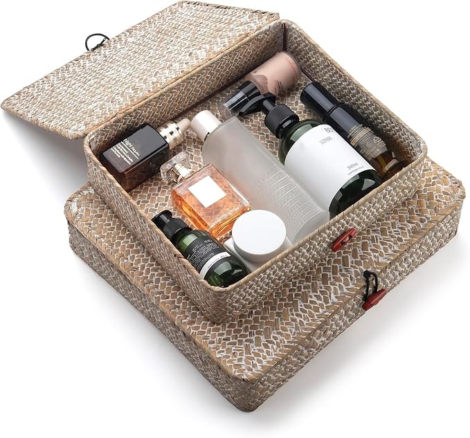 Seagrass Storage Baskets with Lids, Flat Wicker Basket, Shallow Woven Basket for Shelf, Decorative Storage Boxes for Organizing (Whitewash)