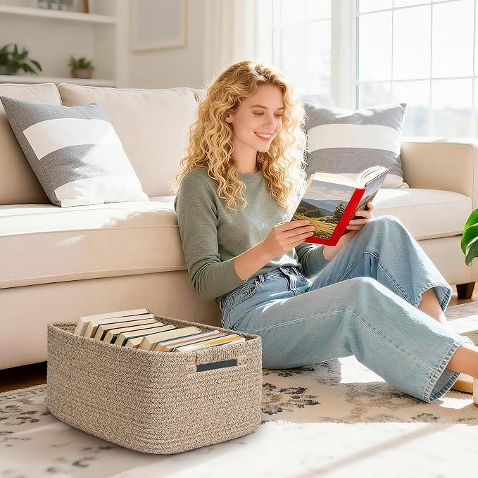 4 Pack Large Storage Basket for Organizing, 17.5"x13"x7" Woven Basket for Shelves, Closet Cube Storage Bins with Wrapped Handle, Cotton Rope Baskets for Kitchen, Clothes, Toys(Natural))