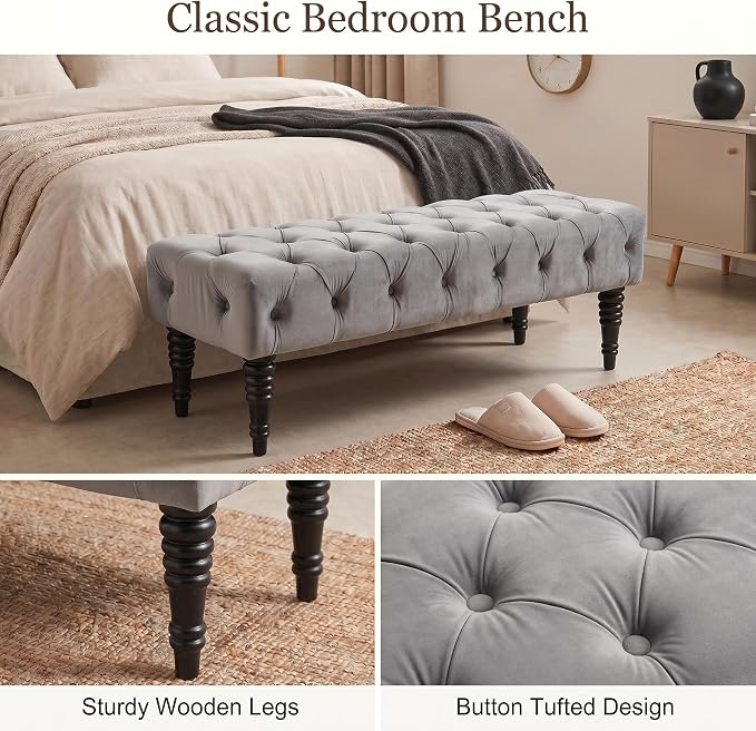 60" Accent Bench, Upholstered Tufted Ottoman Bench French Vintage Entryway Bench Corduroy Padded Benches for Entryway, Dining Room, Foyer, Living Room, Bedroom, Grey