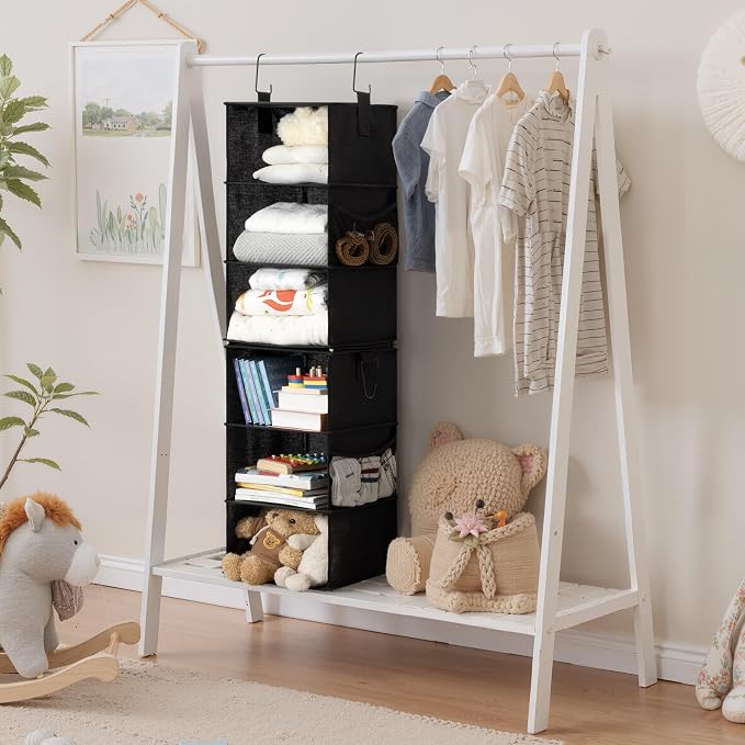 StorageWorks Hanging Closet Organizer 6-Shelf, Separable Two 3 Shelf Closet Storage Organizer with Side Pockets, Portable Hanging Shelves for Clothes, Sweater,12 1⁄2" D x 12 1⁄2" W x 47 ¼"H, Black