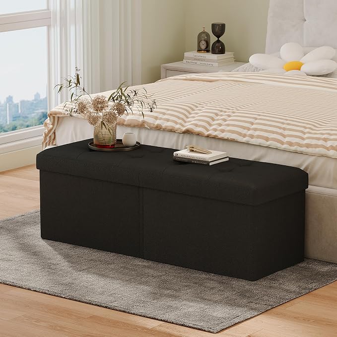 31.5 Inch Foldable Storage Ottoman Bench for Bedroom, Black | Foldable Footstool, Multi-Functional Foot Rest, End of Bed Bench, Large Hidden Storage Space, Storage Chest For Living Room
