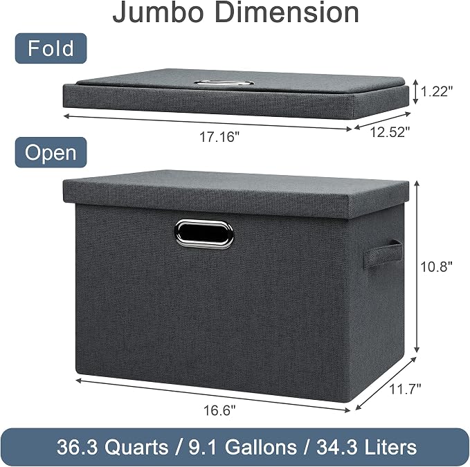 Graciadeco Large 17" 36 Quart Collapsible Stackable Storage Bins with Lids, 3 Packs Dark Gray Foldable Fabric Closet Storage Boxes with Lids, Heavy-duty Linen Cube Baskets(17x12x11) | 36 Quart 3 Pack Dark Gray Collapsible Stackable Linen Fabric 4 Handl...