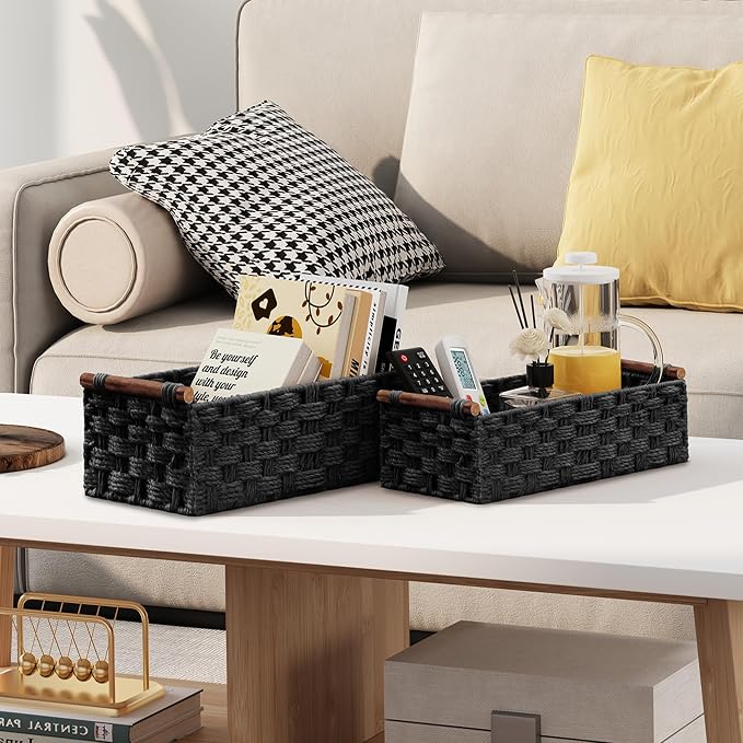 Vagusicc Wicker Storage Basket, Set of 2 Hand-Woven Paper Rope Wicker Basket for Organizing with Handle Decorative Storage Bins for Counter Pantry Shelves Toilet Paper Basket for Toilet Tank Top,Black