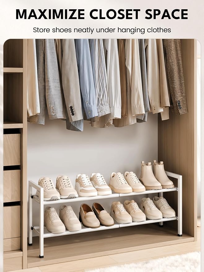 Bumusty 2 Tier Expandable Shoe Rack for Closet, White | 18"-33" Adjustable Shoe Rack for Entryway, Small Shoe Organizer for Dorm, Front Door, Sturdy Metal