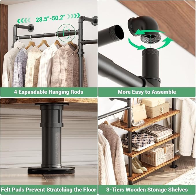 Aheaplus Expandable Industrial Pipe Clothing Rack, 7.3-10.9Ft Wall Mounted Closet System, Reversible L Shaped Clothes Rack for Hanging Clothes, Heavy Duty Walk-in Corner Wardrobe Closet, Rustic Brown