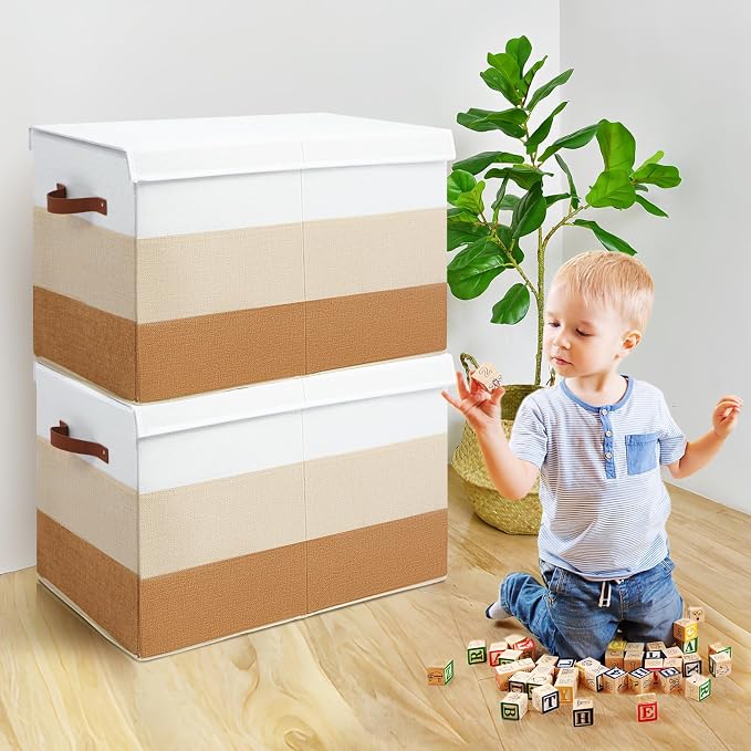 Mayniu Large Toy Box Chest with Divider, Sturdy Toy Storage Bin Organizer Baskets with Lid for Kids, Boys, Girls, Nursery, Living Room, Bedroom, Playroom, Closet, 25"x13" x16"(Gradient Brown)