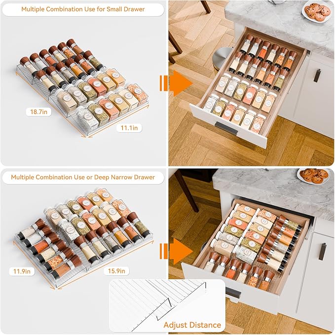 4 Pack Adjustable In Drawer Spice Organizer - Expandable From 11'' to 22'' - Acrylic Drawer Seasoning Organizer,Clear Spice Organization Tray for Cabinet Drawers Condiment,Nail Polish and Jar